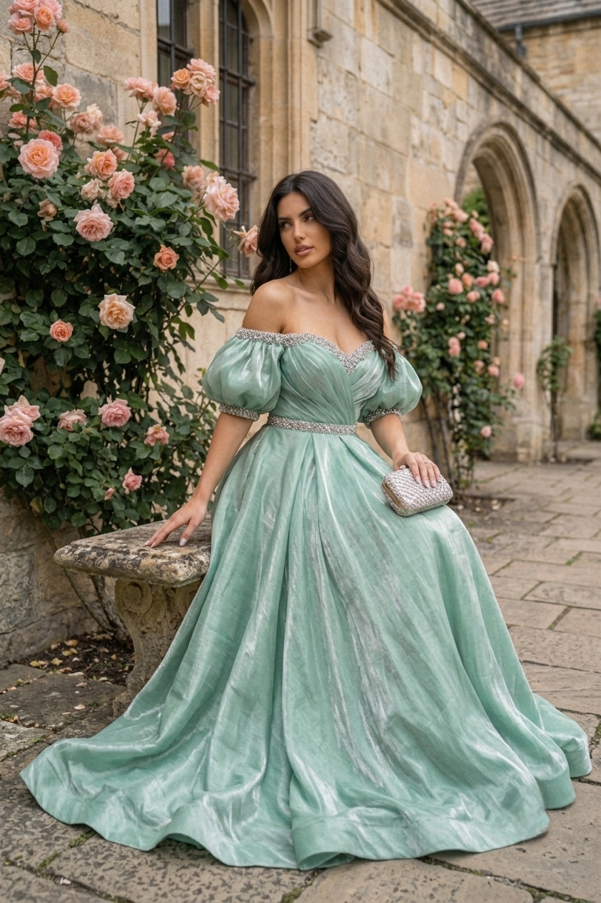 Satin puffed mint dress - Image 2