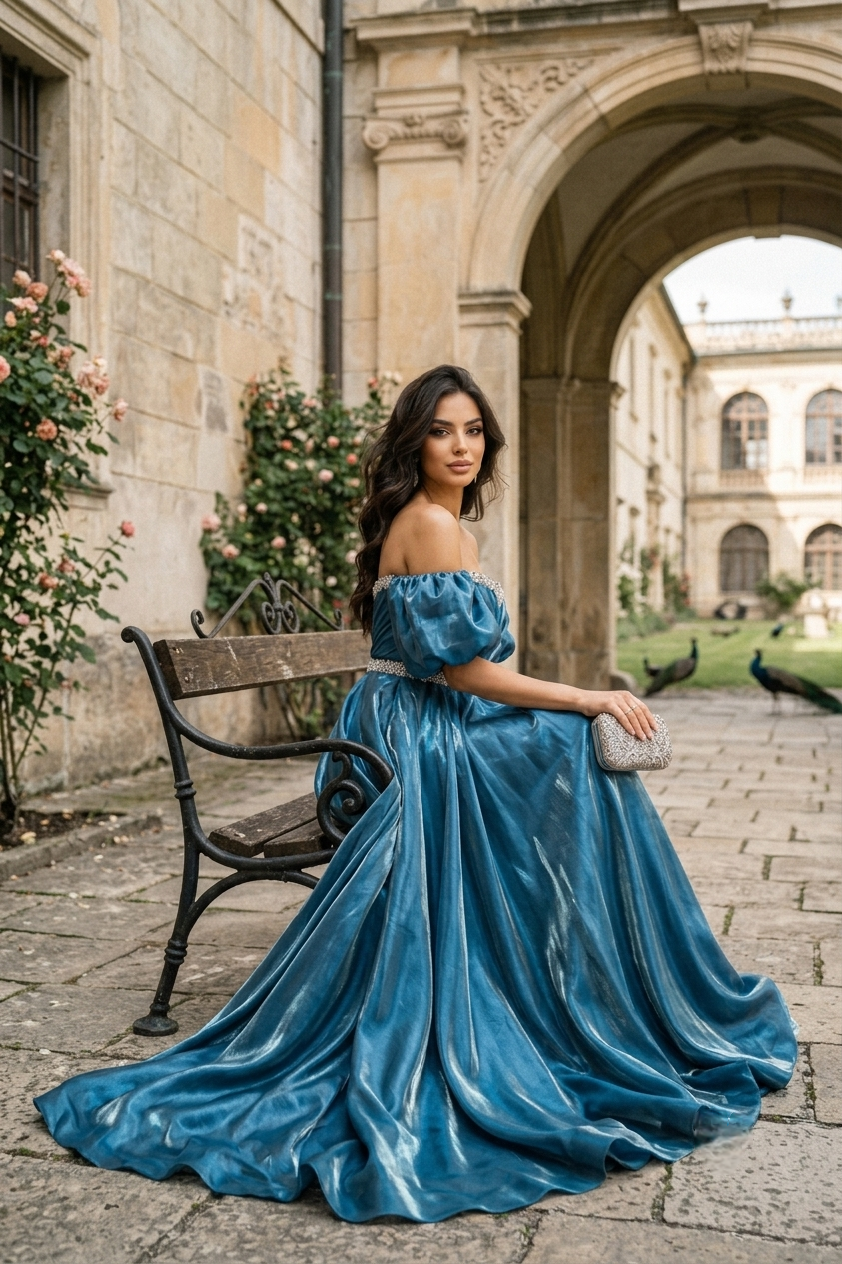 Teal Satin Puffed Dress - Image 2