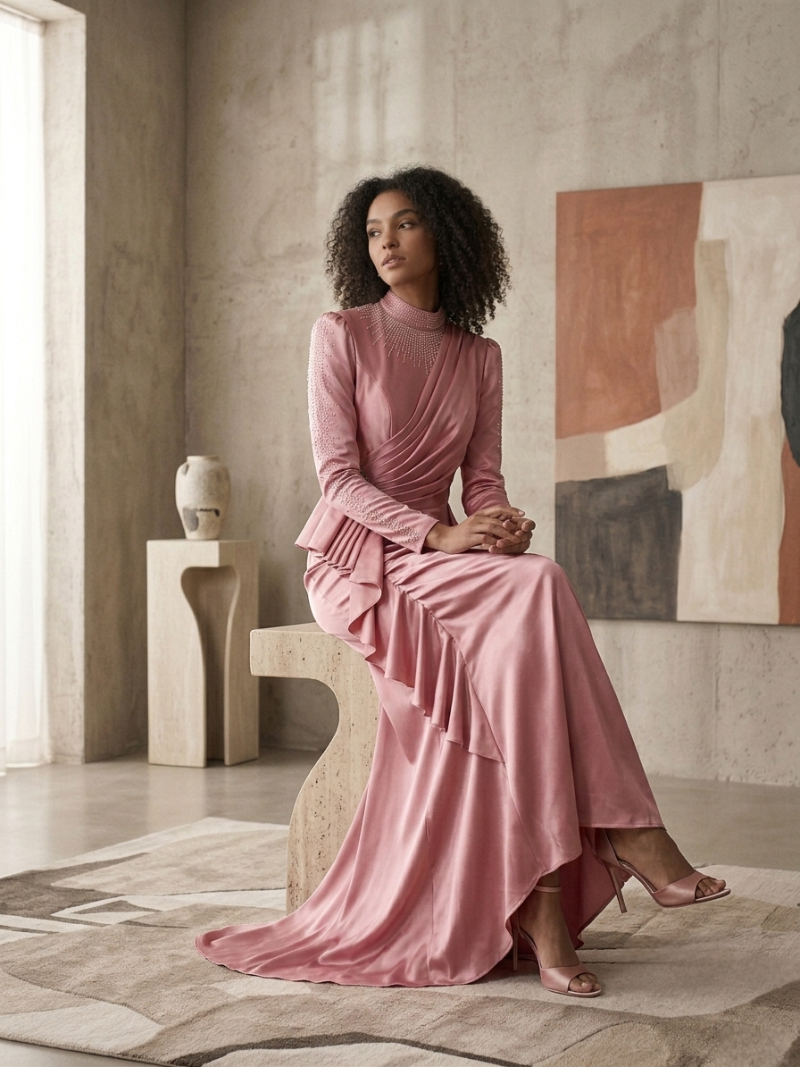 satin pink evening dress - Image 3