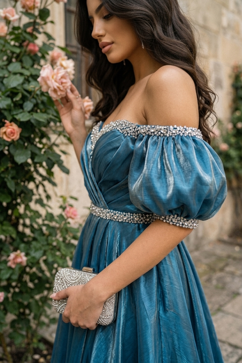 Teal Satin Puffed Dress - Image 3