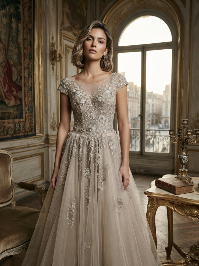 Beaded beige Gown