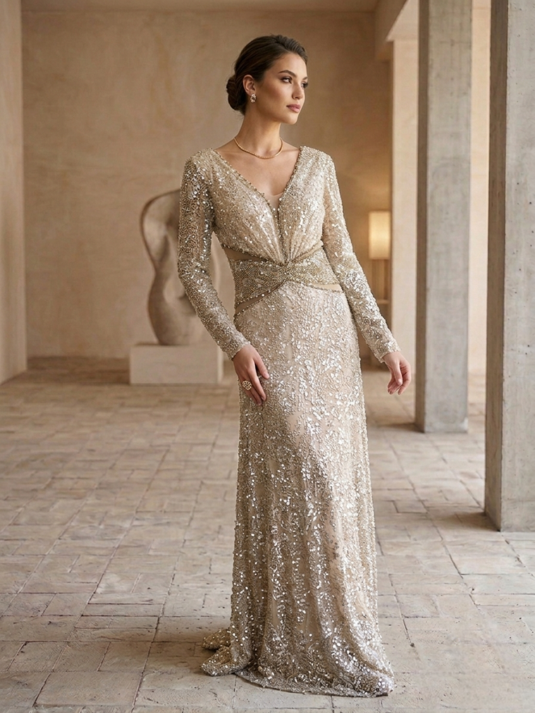 Beige Sequins Dress
