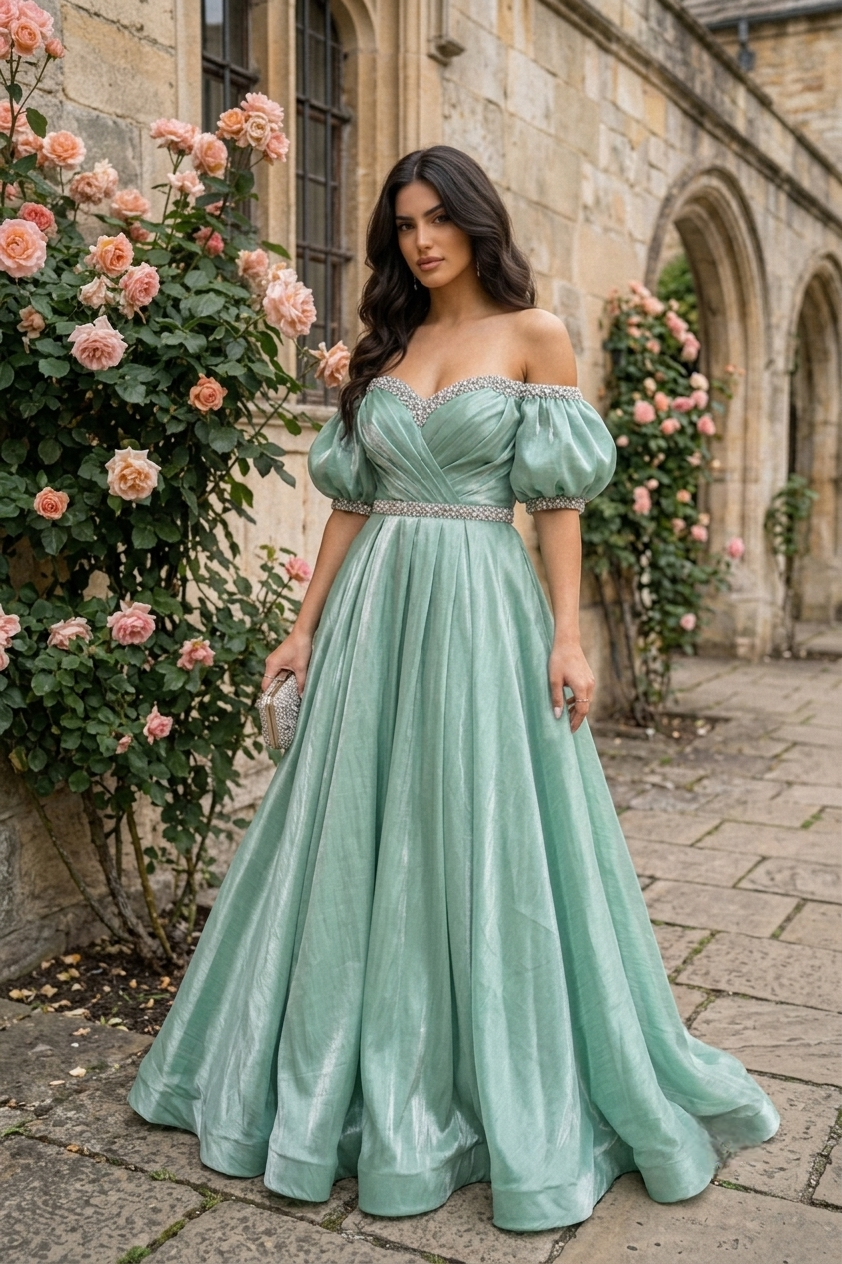 Satin puffed mint dress