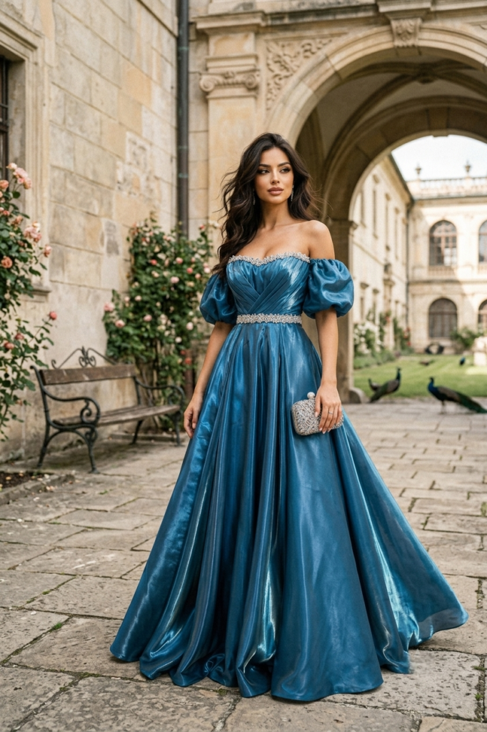 Teal Satin Puffed Dress